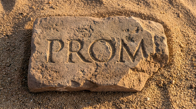 Carved sandstone tablet with PROME inscription on sandy surface