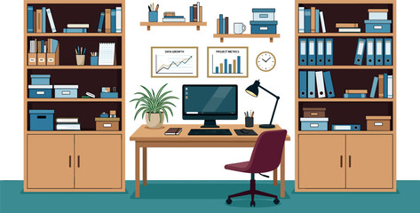 Modern Home Office Workspace Illustration With Desk Computer Bookshelves Storage Plants And Organized Productivity Interior Flat Vector © Jesika!