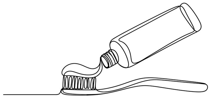 Toothpaste tube squeezing on toothbrush one line drawing hygiene concept.