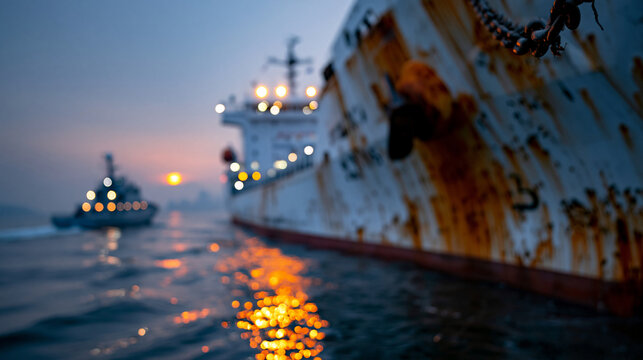 massive oil tanker hull passing through narrow Strait of  channel at dawn, dramatic rust streaked steel hull filling frame, small naval patrol boat escort visible blurred in