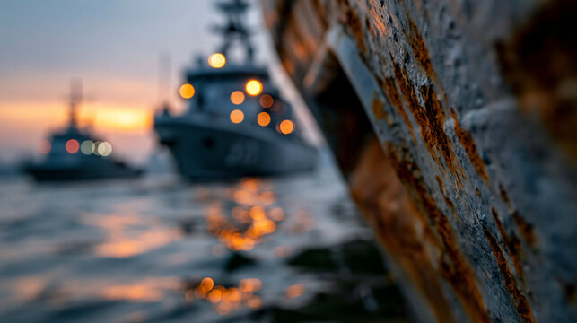 massive oil tanker hull passing through narrow Strait of  channel at dawn, dramatic rust streaked steel hull filling frame, small naval patrol boat escort visible blurred in