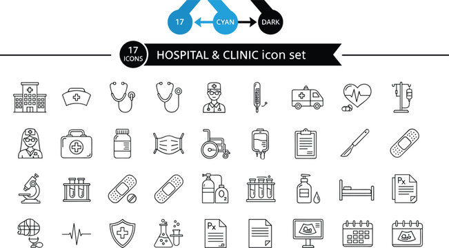 Modern hospital and clinic line icon set with healthcare medical equipment symbols editable stroke vector collection for web and app design