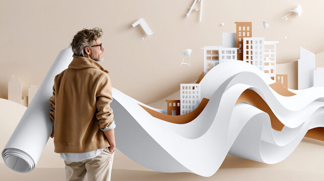 illustration of a young male architect seen from the back holding giant paper cut blueprint roll with layered building and construction icons floating around, ruler and compass sil
