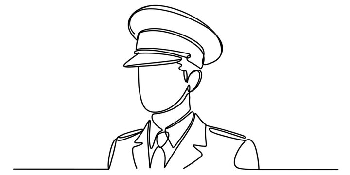 Military officer in uniform and peaked cap continuous line drawing art.