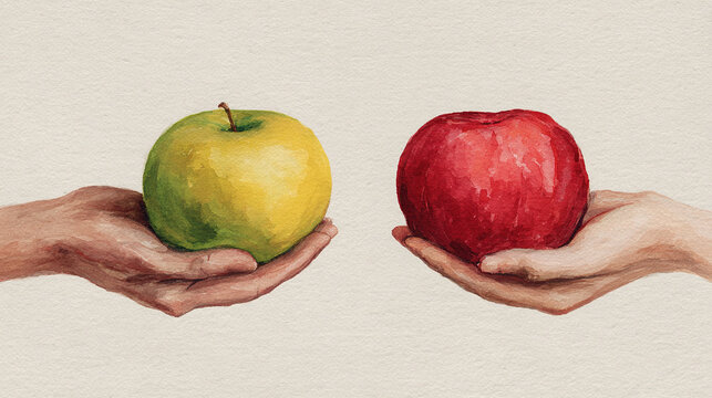 A hand holding a genetically modified apple alongside a traditional apple, with contrasting colors and textures, ambiguous and questioning