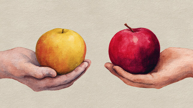A hand holding a genetically modified apple alongside a traditional apple, with contrasting colors and textures, ambiguous and questioning