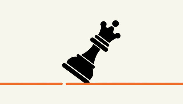 Black chess queen piece falling over on an orange line, illustrating risk and instability