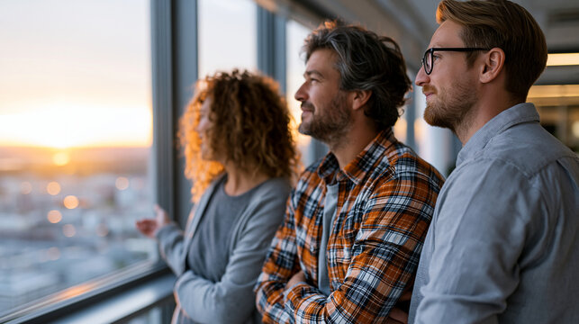 A realistic stock photo of three coworkers standing waist-up with backs to camera in front of floor to ceiling office window overlooking city skyline, all three in natural relaxed