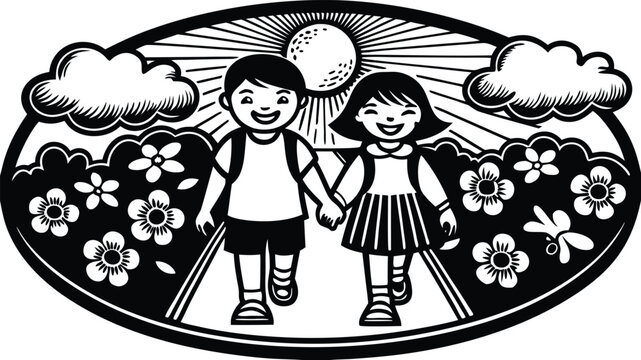 Children Walking Hand in Hand in a Nature Scene with Smiling Faces