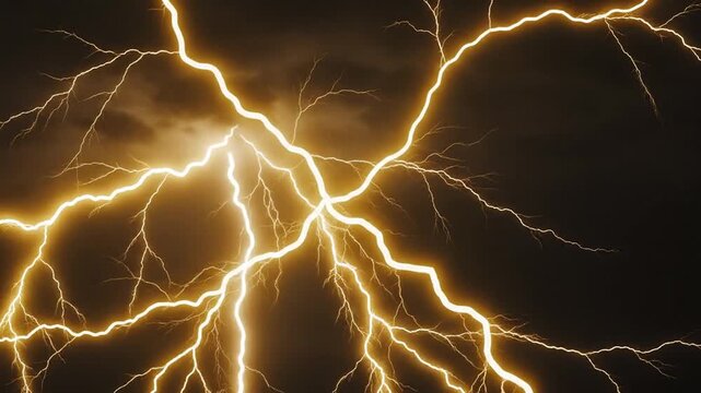 Bright golden lightning strikes across a dark and stormy night sky