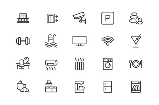 Hotel and apartment amenities line icons set. Real estate, rental property, and guest services outline symbols collection.