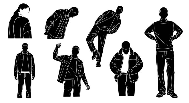 Set of men silhouettes in casual winter clothing, stylish fashion poses