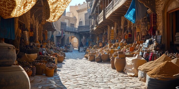 Spices, merchandise and carpets exhibited in traditional yemeni souk