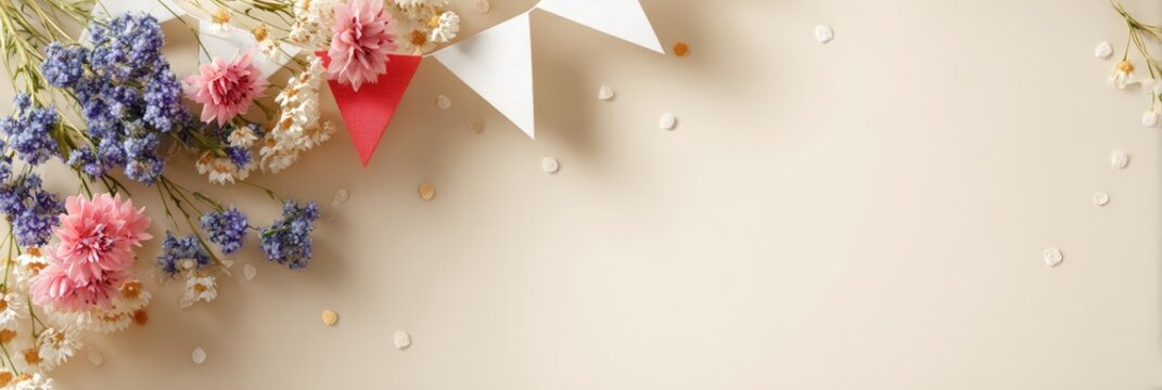 Floral spring banner header with pennant garland and pastel flowers for seasonal email header background and celebration banner design