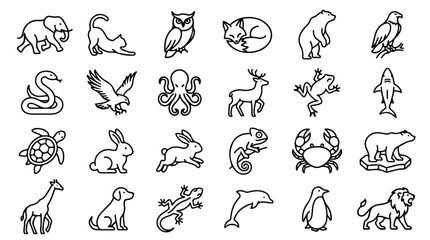 Minimalist animal line icons, set of 24 wild and domestic animal vector illustrations, clean black outline wildlife symbols for web and app design © Sidra