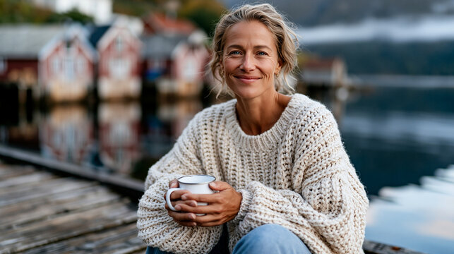 A documentary-style shot of a relaxed young Scandinavian woman in an oversized cream knit sweater sitting on a worn wooden dock edge in a small Norwegian fjord village, holding ena