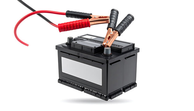 Car battery with red and black jumper cables connected, power supply and automotive repair concept