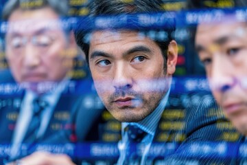 Obraz premium Three businessmen in suits intently watching a stock market data screen with blue digital reflections.
