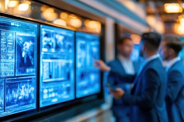 Obraz premium Business professionals in suits analyzing complex data on multiple glowing blue digital screens in a modern office.