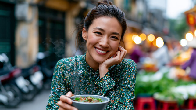 A documentary-style shot of a relaxed young Vietnamese woman in a traditional ao dai holding a bowl of pho at a small plastic stool table on a busy Hanoi old quarter street corner