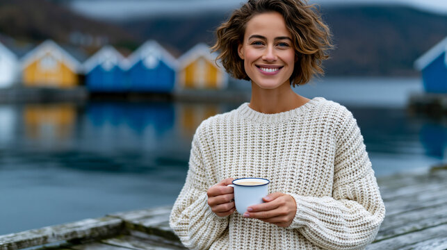 A documentary-style shot of a relaxed young Scandinavian woman in an oversized cream knit sweater sitting on a worn wooden dock edge in a small Norwegian fjord village, holding ena