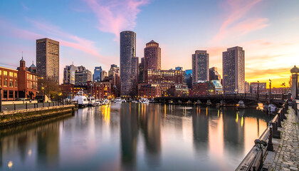 Obraz premium Cityscape at sunset with tall buildings reflecting in the water, waterfront, harbor, urban skyline, twilight glow