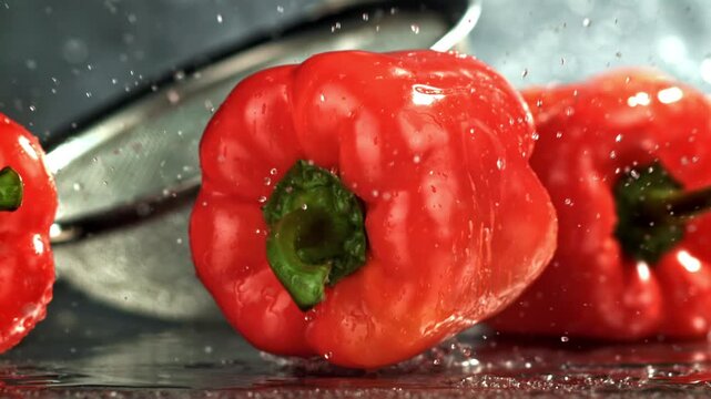 Red bell peppers on prep board beside metal sieve and water droplets, Filmed on a high-speed camera at 1000 fps.
