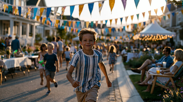 Summer neighborhood block party on quiet suburban street with folding tables and colorful bunting strung between houses, children running freely between yards with water guns, adul