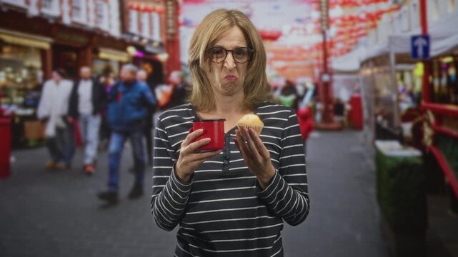 Woman holding mug and muffin on a busy street market lane, pursing lips as she tastes coffee and frowns; disgust hesitation.