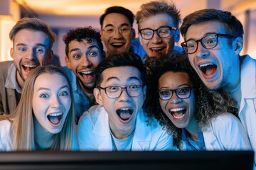 Diverse group of young adults in lab coats reacting with excitement and surprise to a computer screen.