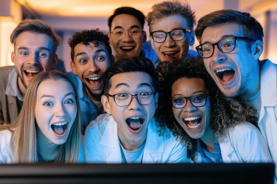 Diverse group of young adults in lab coats reacting with excitement and surprise to a computer screen.