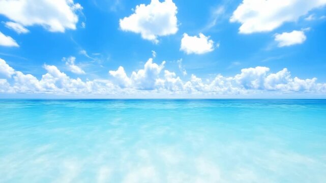 Crystal clear turquoise water meets a vibrant blue sky dotted with fluffy white clouds, creating a serene and idyllic tropical paradise