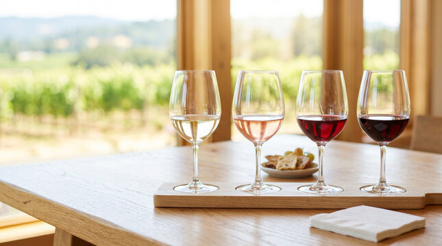 Wine tasting flight samples with glasses on wooden table by vineyard  