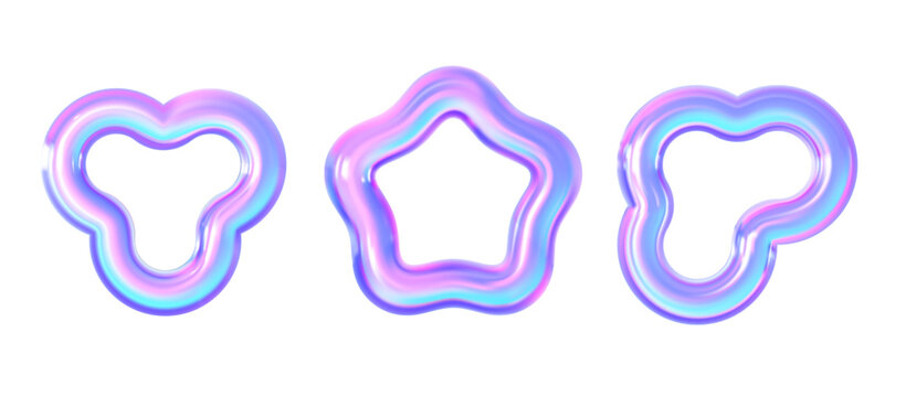 Glossy vector frames isolated on transparent background, prismatic Y2K star flower blob sticker borders with holographic gradient effect