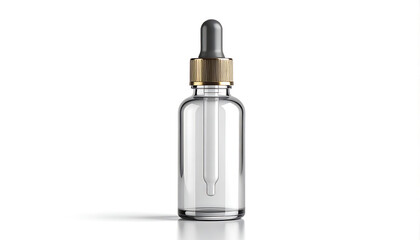 Naklejka premium Clear glass dropper bottle with gold cap and pipette, isolated on white background, cosmetic serum packaging, skincare product container