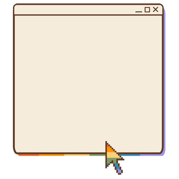 Retro Y2K computer window frame layout with blank copy space and rainbow pixel mouse cursor arrow isolated on white. Nostalgic 90s operating system desktop screen element for LGBTQ pride month. Vector
