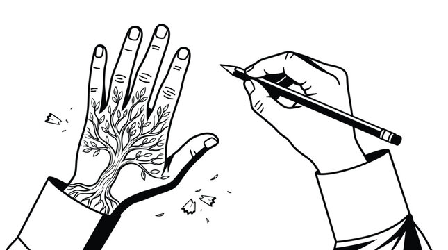 Black and white line art of hand sketching a detailed tree of life on another palm on transparent background.