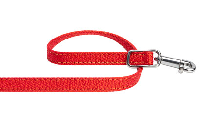 Fototapeta premium Close-up of a red dog leash with a silver metal clasp, isolated on a white background, showing texture and detail