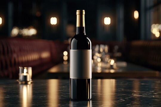 A dark glass bottle of red wine stands on a marble table in a dimly lit restaurant with soft bokeh lights.