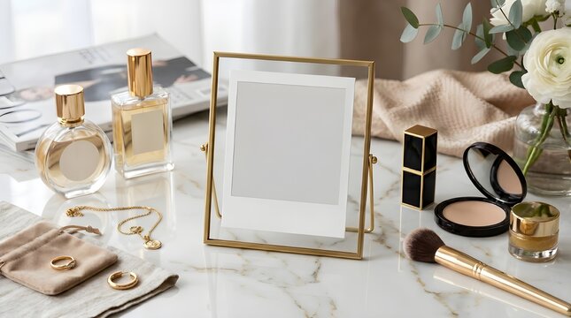 A mock up frame surrounded by makeup products, perfume bottles, and jewelry on a marble countertop with a vase of white flowers, set against a soft, natural light background.