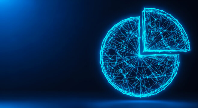 A modern, glowing blue pie chart with a missing slice, set against a dark background, symbolizing data or analytics.