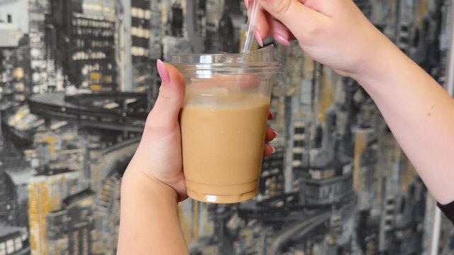 Female hand mixing iced latte with ice cubes in transparent plastic cup using spoon while dark black and gray wallpaper creates stylish moody cafe atmosphere.
