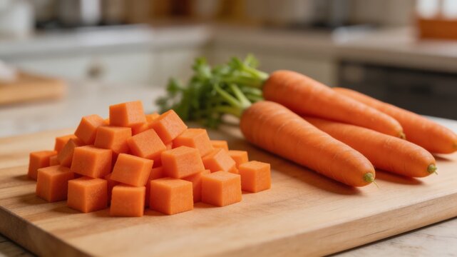 A kitchen scene featuring diced and whole carrots on a wooden cutting board, showcasing a healthy and appetizing meal preparation process.