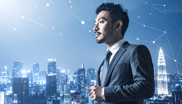 Business man in suit looking out over a modern city skyline at night, digital network connections overlay, forward thinking, technology, urban planning
