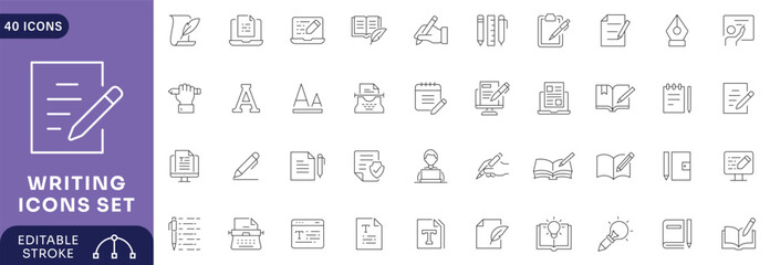 Writing icon set. Containing write,  note, pen, pencil, edit, writer, document, text. Editable stroke © siyannlum
