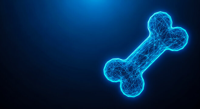 A digitally rendered blue wireframe bone with a glowing effect, set against a dark background. Modern and futuristic aesthetic.