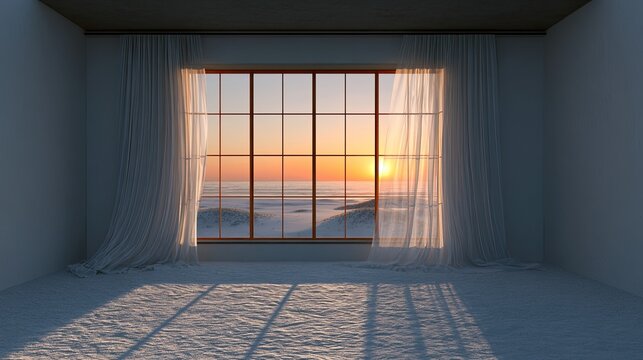 Vast window frames serene snowy landscape bathed in warm sunrise glow