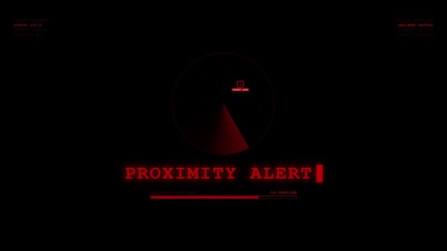 Proximity Alert Radar Screen Monitor Displaying Inbound Target Lock Threat Scanning Grid And Live Coordinates Red HUD UI Animation Loop.