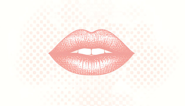 Close up of coral lips with teeth showing, stippled texture, soft pink dot pattern background, beauty and cosmetics concept