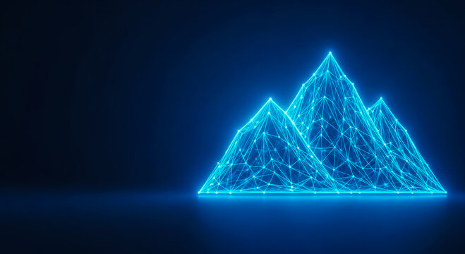 Abstract 3D render of glowing blue pyramid-like mountains on a dark gradient backdrop, representing technology or innovation.